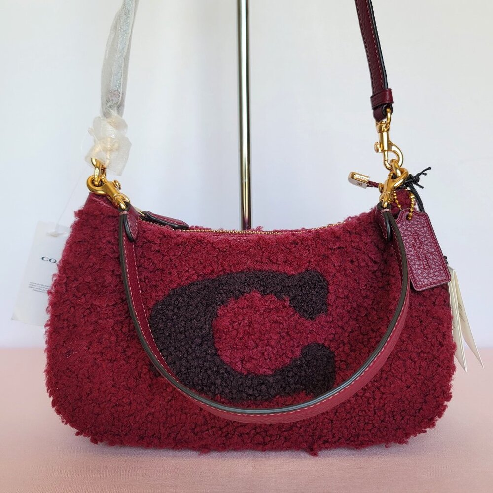 COACH Shearling & Leather Teri Shoulder Bag with Coach Motif- Black Cherry ⭐